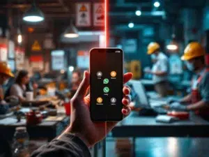 Smartphone met WhatsApp-interface toont veiligheidssymbolen tussen chaotische en georganiseerde werkplekscenario's