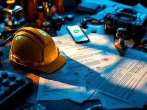 Bouwhelm en veiligheidsdocumenten op houten bureau met smartphone die WhatsApp toont, gereedschapskist op achtergrond