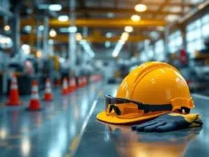 Gele veiligheidshelm met veiligheidsbril en handschoenen op werkbank in moderne industriële fabriek met veiligheidsborden