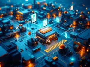 Luchtfoto van industriële faciliteiten verbonden door digitale paden, met veiligheidshelmen en tablets met checklists