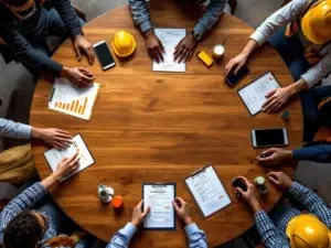 Diverse handen rond vergadertafel met veiligheidsuitrusting, helmen en checklists voor werkplekveiligheid overleg