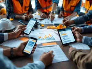 Diverse werknemers bespreken veiligheidsprotocollen aan vergadertafel met tablets, helmen en veiligheidsvesten op achtergrond