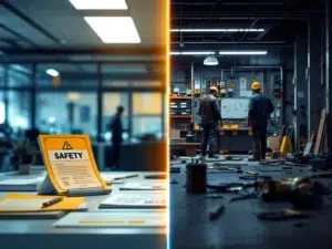 Kantooromgeving met veiligheidshandleidingen tegenover rommelige industriële werkplek met gereedschap en veiligheidshazards