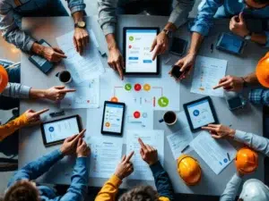 Diverse handen wijzen naar veiligheidsdocumenten op vergadertafel met helmen, tablets en veiligheidsiconen op de achtergrond