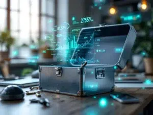 Open metalen gereedschapskist op bureau met holografische data-analytics en blauwe datastromen eromheen zwevend