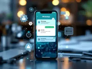 Smartphone met WhatsApp-interface en zwevende herinneringsnotificaties, omringd door digitale tandwielen en automatiseringstools