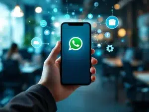 Handen houden smartphone met WhatsApp interface omringd door digitale gereedschapspictogrammen in kantooromgeving