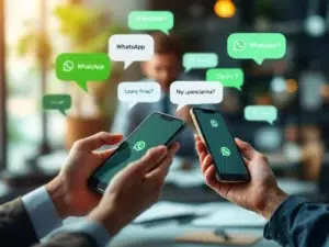 Diverse handen met smartphones tonen WhatsApp-gesprekken in verschillende talen met vertaalsymbolen en vraagtekens