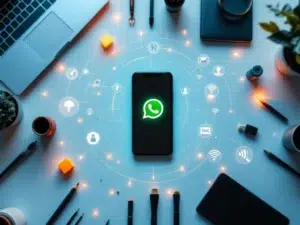 Smartphone met WhatsApp-interface omringd door laptops, tablets en werkgereedschap op moderne werkplek met digitale verbindingslijnen