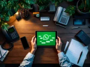Tablet met WhatsApp chatinterface op modern bureau omringd door telefoons en communicatieapparatuur