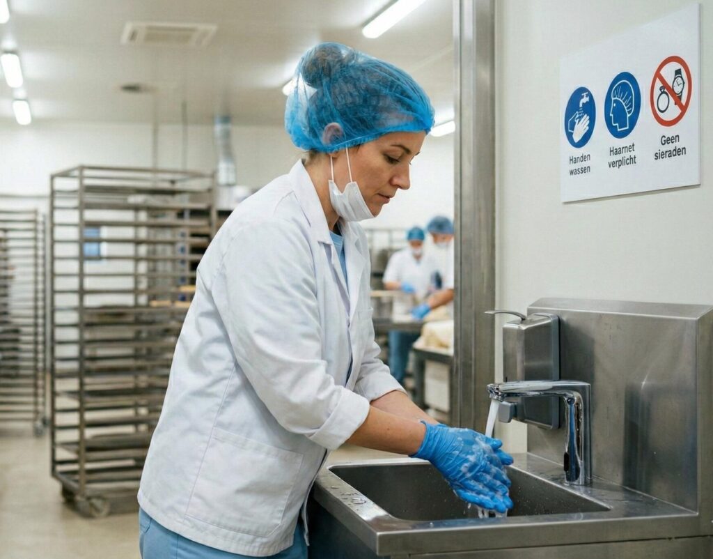 Vrouw wat handen volgens HACCP regels