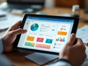 Professionele handen organiseren digitale PBM-tools op tablet, medicijnbeheersoftware widgets op bureau