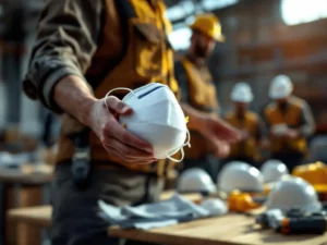 Bouwsupervisor toont N95 ademhalingsmasker aan werknemers met helmen bij veiligheidstraining in industriële werkplaats