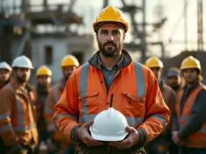 Bouwvakker in veiligheidsvest houdt witte helm vast tijdens werkoverleg met collega's op bouwplaats