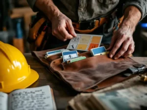 Bouwvakker organiseert kleurrijke veiligheidsprocedurekaarten in leren gereedschapsgordel naast helm en notitieblok