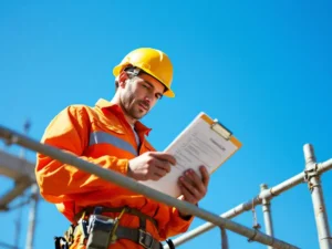 Bouwvakker in oranje veiligheidskleding controleert checklist op steiger, draagt gele helm en veiligheidsharnas
