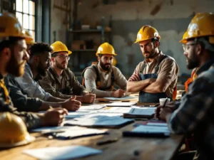 Diverse bouwvakkers en veiligheidsmanagers tijdens toolbox meeting, één werker toont sceptische houding bij veiligheidsdocumentatie