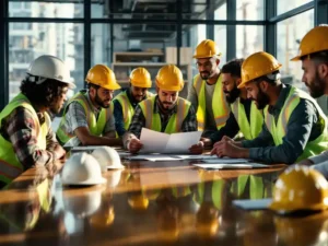 Diverse bouwvakkers bespreken veiligheidshandboek rond vergadertafel met helmen en hesjes, bouwplaats op achtergrond