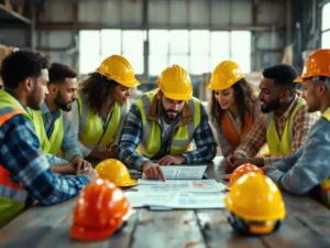 Diverse bouwteam bespreekt veiligheidshandleiding rond tafel met helmen, voorman wijst naar checklist in werkplaats