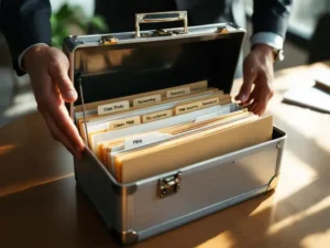 Consultant opent gereedschapskist met georganiseerde PBM-casestudy mappen op vergadertafel