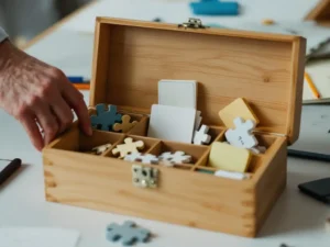 Professionele handen pakken discussiemateriaal uit houten gereedschapskist op vergadertafel met puzzelstukjes en kaarten
