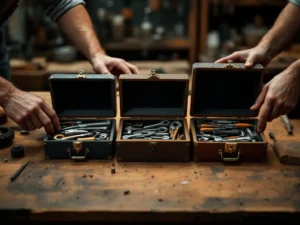 Houten bureau met drie gereedschapskisten in oplopende grootte, ervaren en beginnende handen reiken naar gereedschap