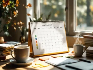 Jaarkalender met kleurrijke seizoensmarkeringen op georganiseerd bureau met koffie en planningsmateriaal