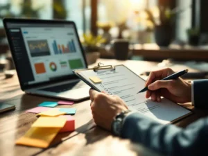 Kantoormedewerker in pak controleert checklist op klembord aan bureau met laptop en kleurrijke notities