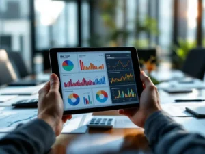 Professionele handen houden tablet met kleurrijke analytics grafieken boven vergadertafel met PBM documenten en rapporten