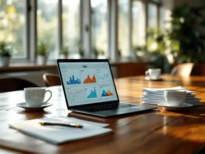 Laptop toont kleurrijke PBM-grafieken op houten vergadertafel met rapporten, koffie en notitieblok in moderne kantoorruimte