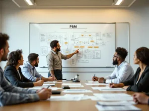 Diverse maintenance team reviewing PBM evaluation forms around conference table with whiteboard diagrams in background