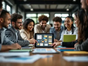 Diverse professionals collaboreren rond conferentietafel met gekleurde mappen en tablet met workflow diagrammen