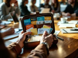 Professionele trainer houdt leren toolkit met kleurrijke gedragsmanagementkaarten tijdens workshop op conferentietafel