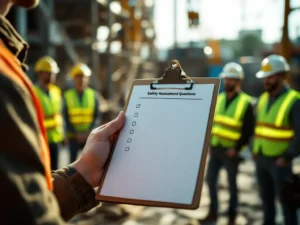 Facilitator houdt klembord met veiligheidsvragen vast tijdens toolbox meeting met bouwvakkers in hesjes op bouwplaats