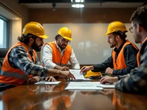 Bouwvakkers en veiligheidsmanagers bespreken veiligheidsprotocollen rond vergadertafel met helmen en uitrusting