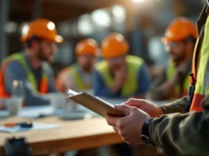 Bouwvakker past veiligheidsbril aan tijdens toolboxmeeting, collega's op achtergrond op bouwplaats