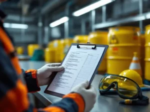 Veiligheidsinspecteur houdt checklist vast terwijl hij chemische waarschuwingslabels op industriële vaten controleert