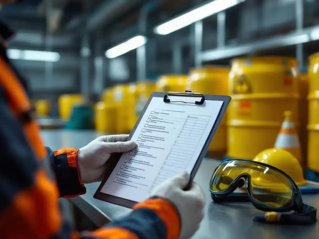 Veiligheidsinspecteur houdt checklist vast terwijl hij chemische waarschuwingslabels op industriële vaten controleert