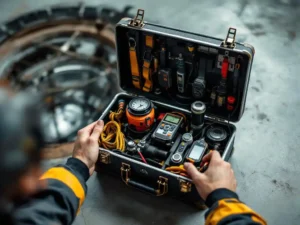 Veiligheidsinspecteur houdt gereedschapskist met gasdetectors en reddingsharnas bij industriële mangat