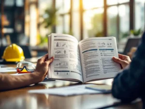 Handen houden werkplek veiligheidshandleiding open op vergadertafel met helm, veiligheidsbril en kantoorbenodigdheden