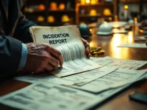 Veiligheidsmanager bestudeert incidentrapport aan vergadertafel met veiligheidshelmen en gereedschap op achtergrond