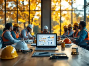 Bouwvakkers in veiligheidsvesten bespreken veiligheid rond conferentietafel met helmen en laptop in herfstlicht