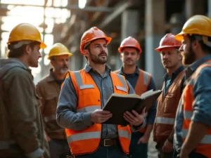 Veiligheidssupervisor in oranje vest geeft training aan bouwvakkers met helmen op industriële bouwplaats
