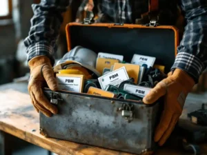 Bouwvakker houdt open gereedschapskist met veiligheidsuitrusting zoals helmen en veiligheidsbrillen op werkbank