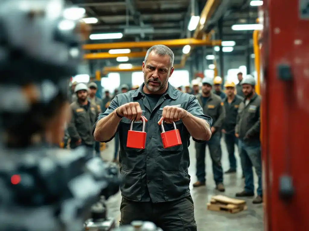 Veiligheidsmanager demonstreert lockout-tagout procedures met rode veiligheidslabels aan collega's in industriële werkplaats