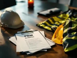 Veiligheidsdocumentatie en PBM-richtlijnen op vergadertafel met helm en hesje in professionele kantooromgeving