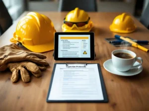 Moderne vergadertafel met veiligheidsuitrusting: gele helmen, veiligheidsbrillen, handschoenen rond tablet met protocollen