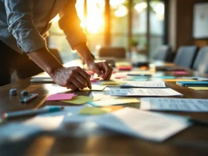 Professionele facilitator organiseert kleurrijke sticky notes en workshop materialen op conferentietafel bij raam