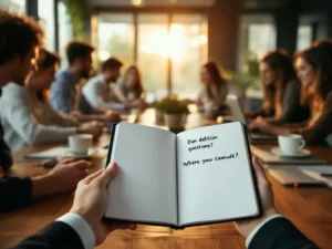 Zakenman houdt notitieboek met vragen vast terwijl teamleden rond vergadertafel leunen, laptops en koffie op tafel