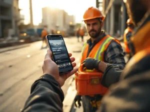Bouwvakker bekijkt veiligheidsles op smartphone naast oranje gereedschapskist op drukke bouwplaats tijdens gouden uur